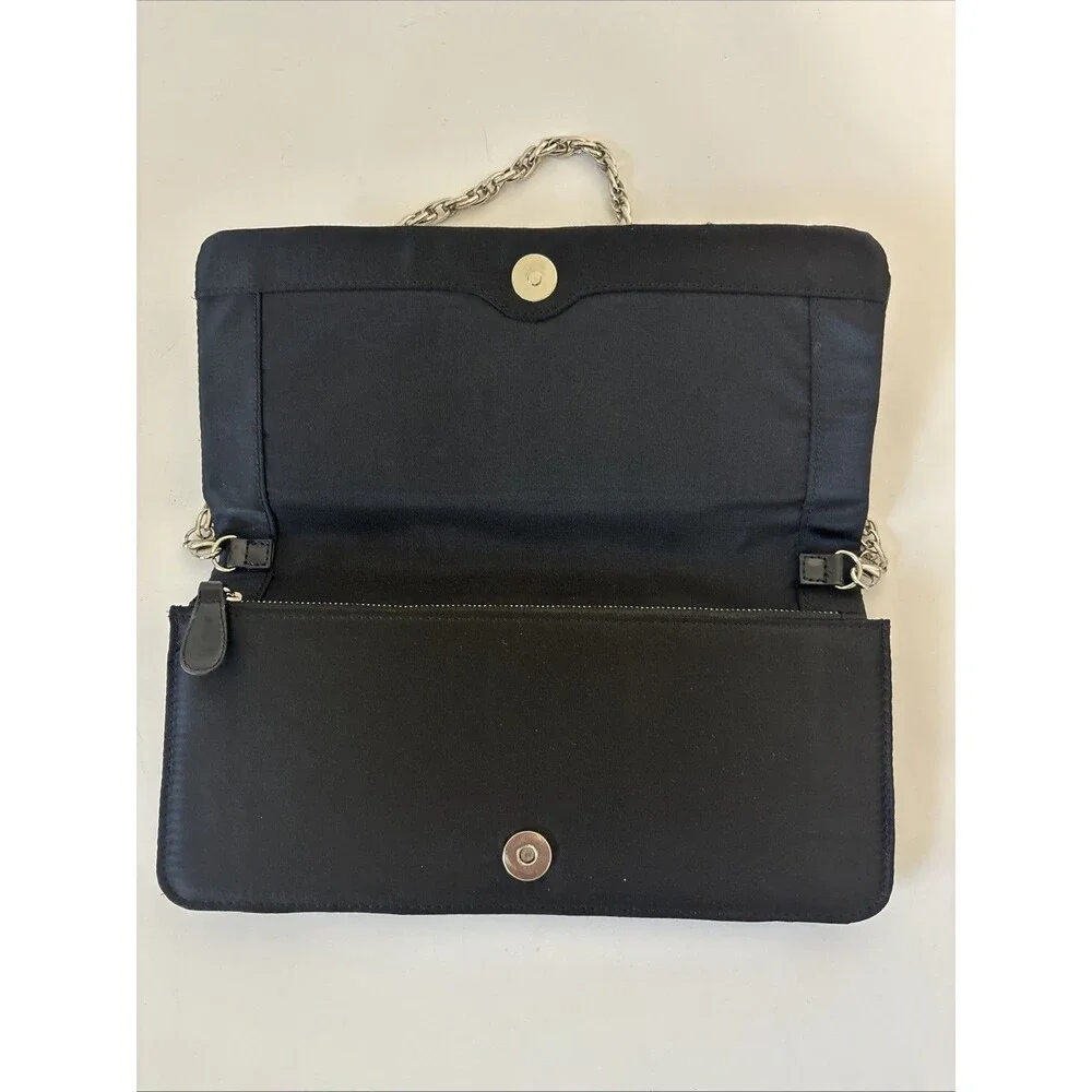 White House Black Market Black Satin Twist Front Evening Clutch w/Silver Chain - Picture 5 of 16